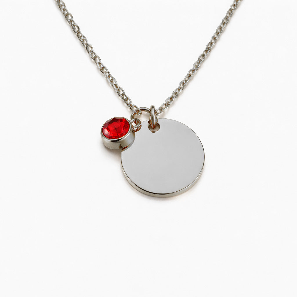 Birthstone Name Disc Necklace – Engraved Stainless Steel Pendant | Aura Moment