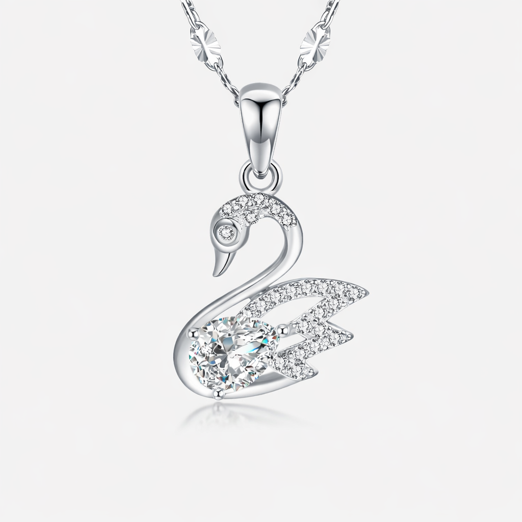 Elegant Swan Pendant Necklace with Teardrop CZ – Silver Finish, Timeless Gift for Her
