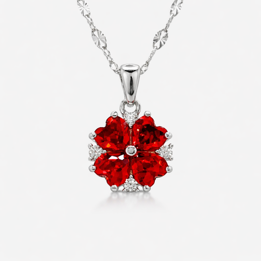 Red Crystal Flower Pendant Necklace – Romantic Silver Floral Design