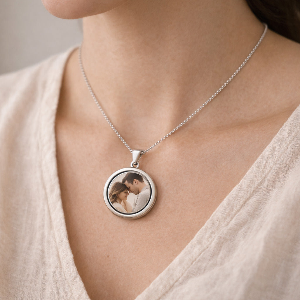 Rotating Photo Necklace – Stainless Steel Round Pendant | Aura Moment