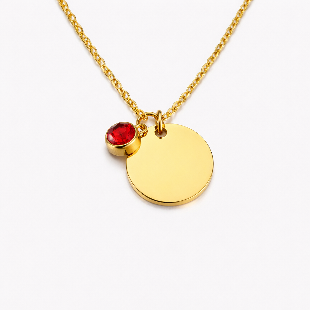 Birthstone Name Disc Necklace – Engraved Stainless Steel Pendant | Aura Moment