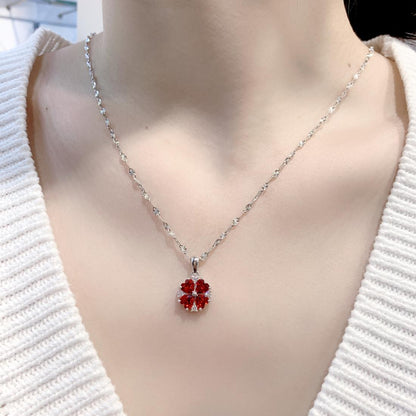 Red Crystal Flower Pendant Necklace – Romantic Silver Floral Design