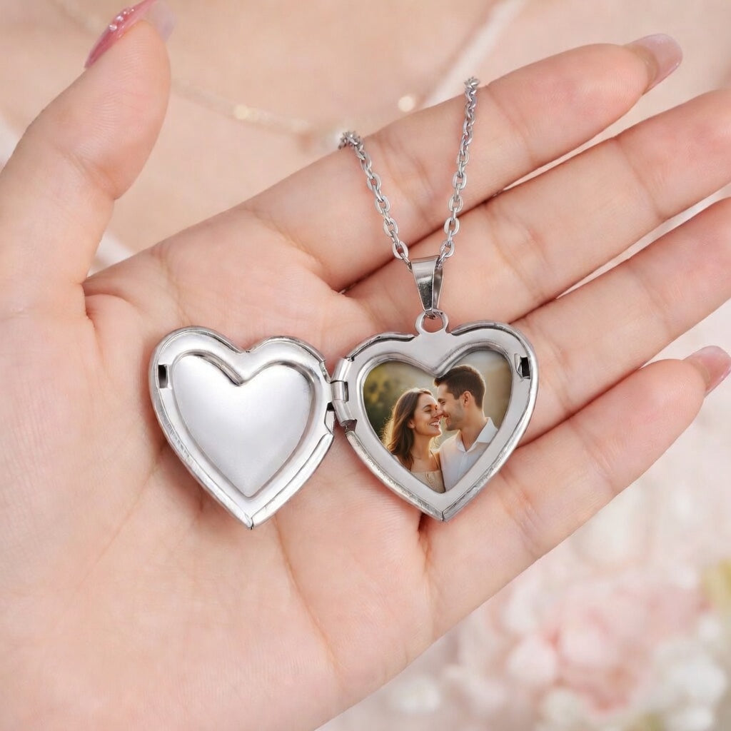 Heart Photo Locket Necklace – Holds 1–2 Photos | Stainless Steel | Aura Moment