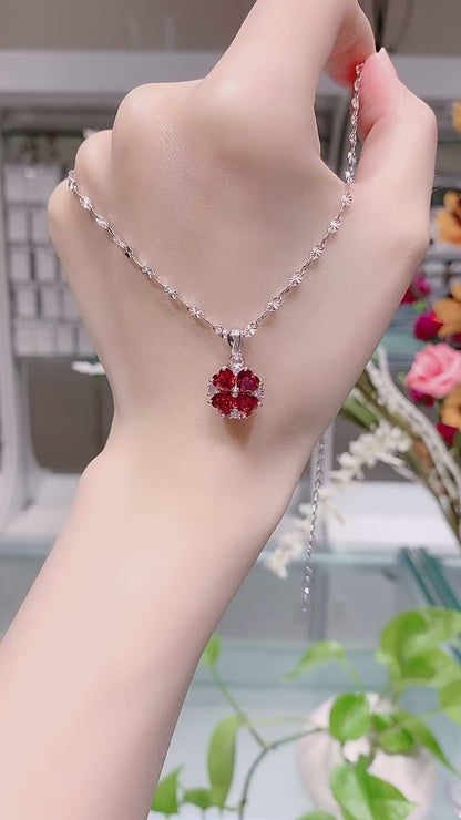 Red Crystal Flower Pendant Necklace – Romantic Silver Floral Design
